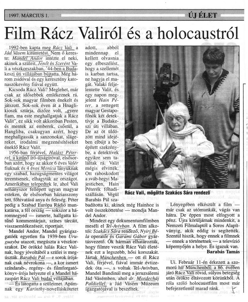 Film Rácz Valiról és a holocaustról (Új Élet - 1997. március 1.)